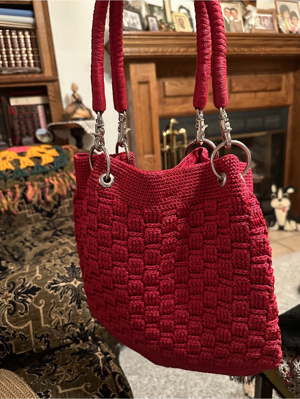 The Sak Red Woven Shoulder Bag with Silver Hardware